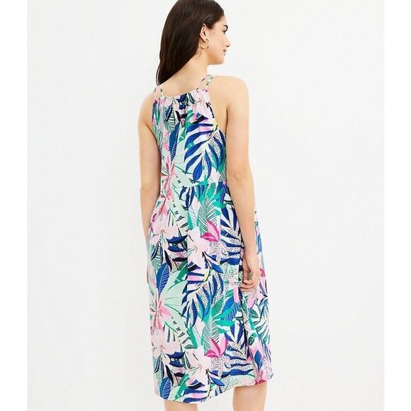 NEW LOFT Palm Double Strap Midi Dress 12 Blue Green Pink Multi Floral 590138 - Picture 3 of 13